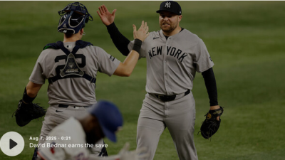 교체 지시 거절한 베드나, '5아웃 세이브'로 양키스 구했다
