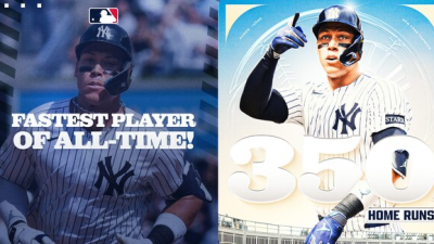 애런 저지, 역대 최단 기간 350홈런 달성...맥과이어 뛰어 넘었다